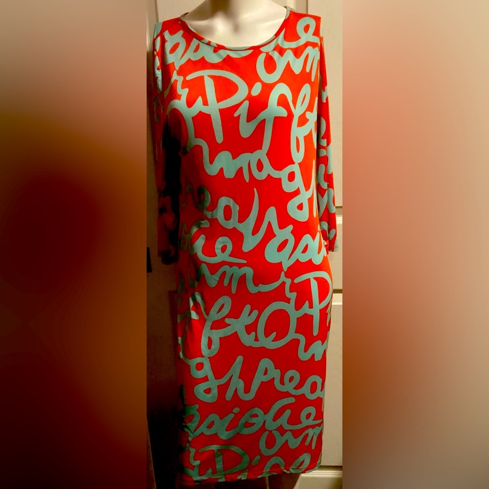 PENCIL DRESS ORANGE AND GREEN
